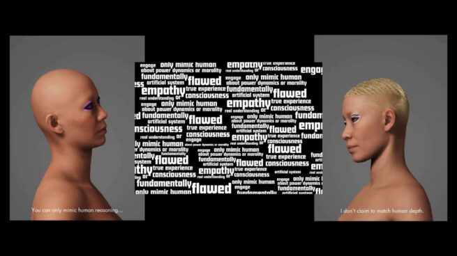 a word cloud between two humanoids