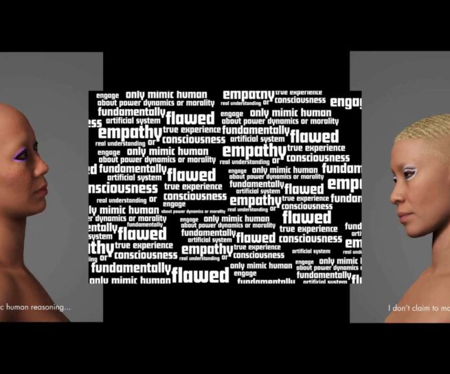 a word cloud between two humanoids