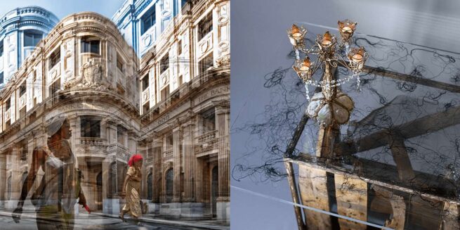 2 multiexposeure photos. Left building with two women walking. Right: detail of a loom or textile machine