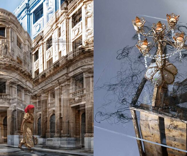 2 multiexposeure photos. Left building with two women walking. Right: detail of a loom or textile machine
