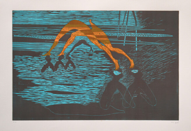 painting with dark colours and an orange fihure in the middle