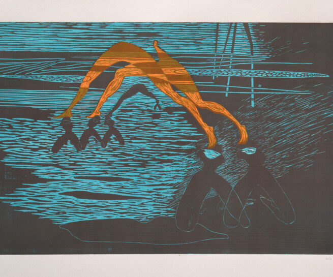 painting with dark colours and an orange fihure in the middle