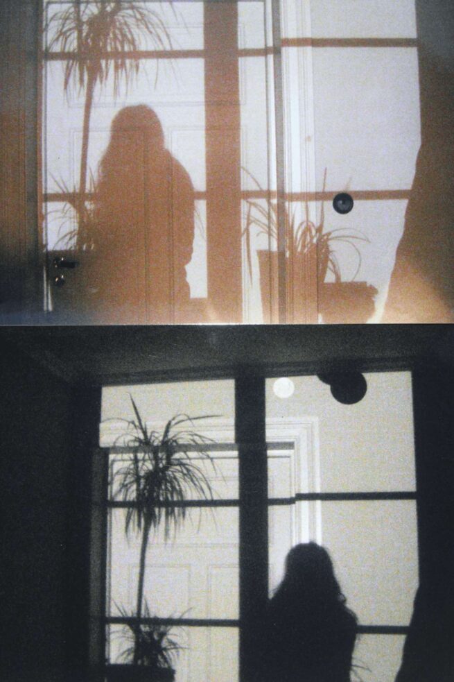 two photos of a person's and plants shadow