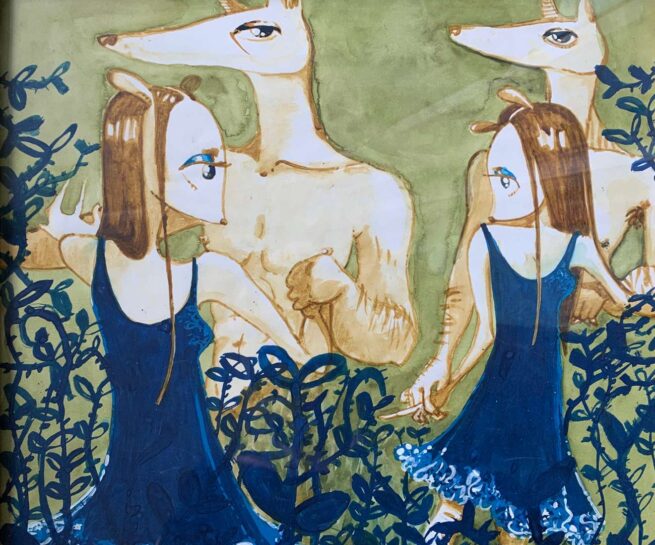 drawing of four figures. The two figures are wearing blue dresses