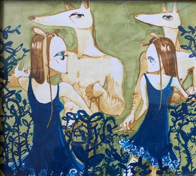 drawing of four figures. The two figures are wearing blue dresses