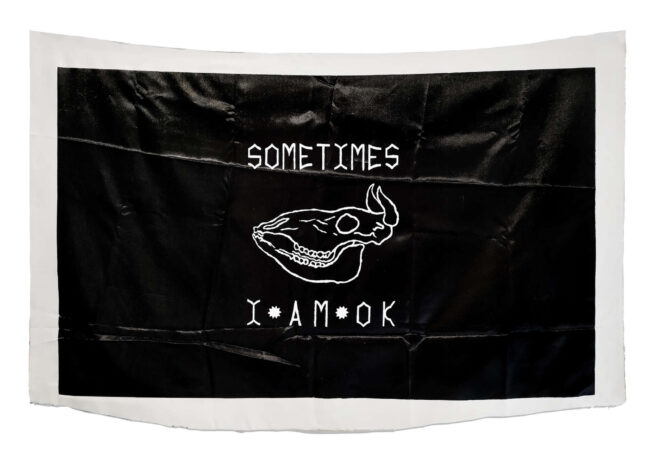 black flag that writes "sometimes I am ok"
