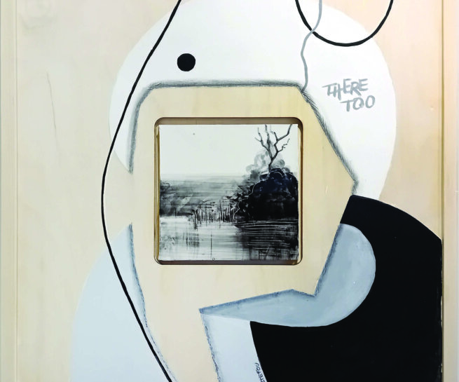 an painting with a photo collage in the centre