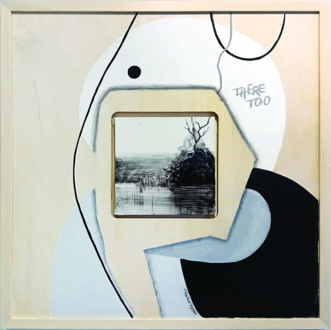 an painting with a photo collage in the centre