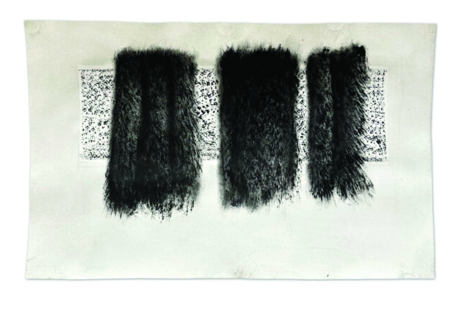 artwork with 3 black and white shapes