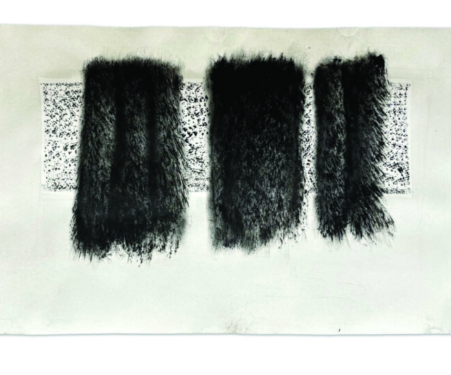 artwork with 3 black and white shapes