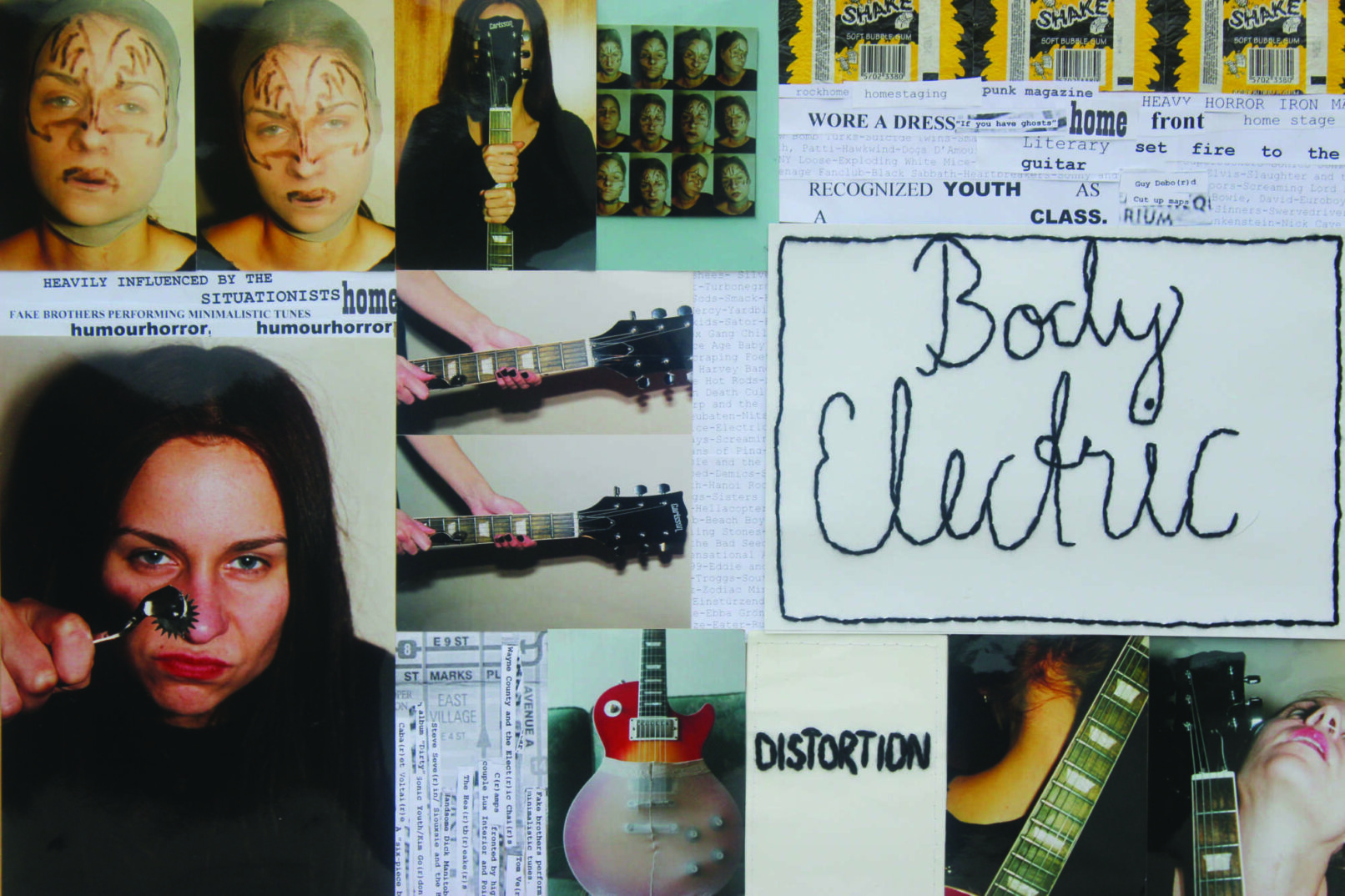 collage of images, postraits and guitars and a text " Body Electric"