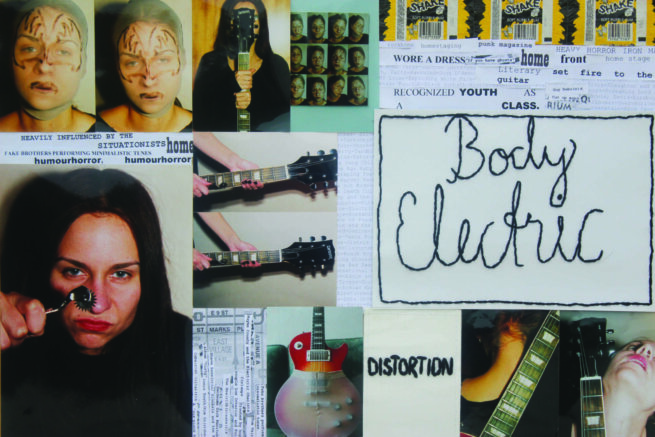 collage of images, postraits and guitars and a text " Body Electric"