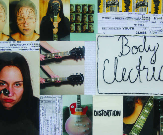 collage of images, postraits and guitars and a text " Body Electric"