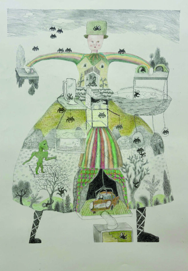 a figure with dress holding a basket and inside the dress a car appears