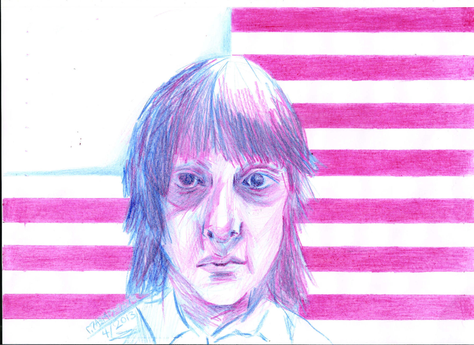 A portrait in front of a flag that looks American without the stars.