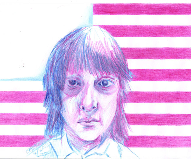 A portrait in front of a flag that looks American without the stars.