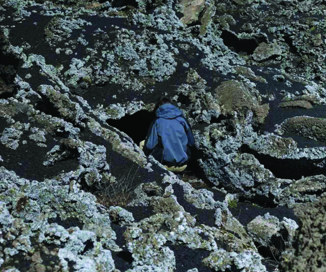 the back of a person sitting on the rocks