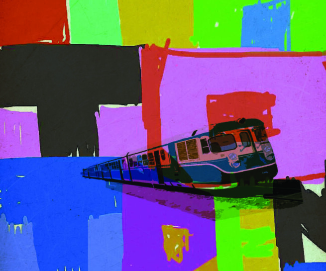 Painting with a train in Pink, blue yellow, blue colours