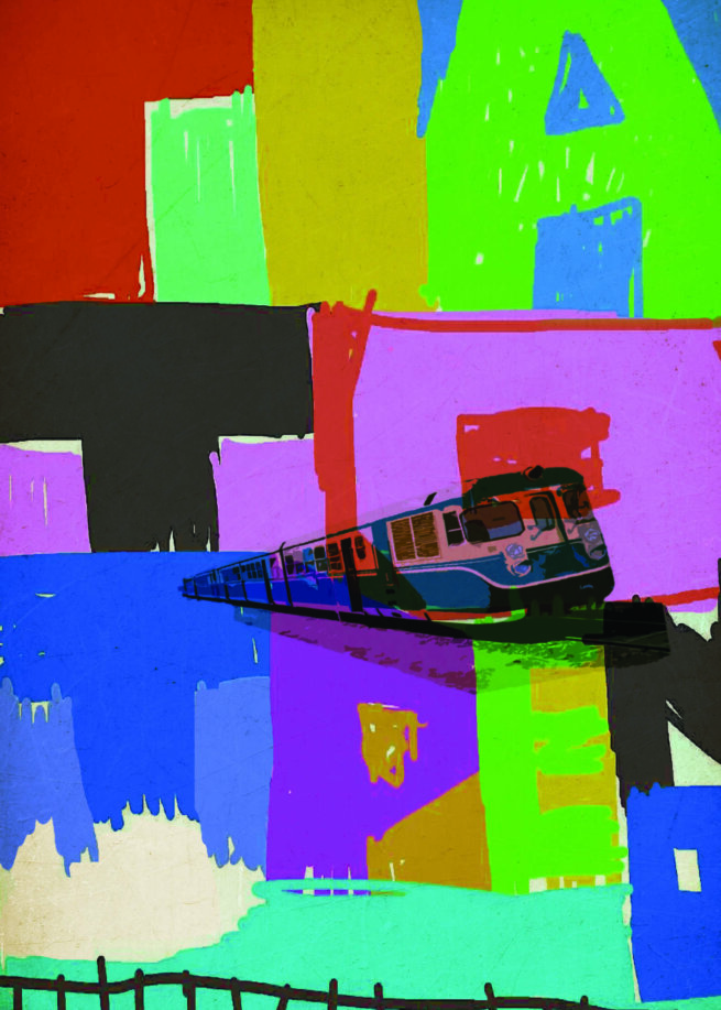 Painting with a train in Pink, blue yellow, blue colours