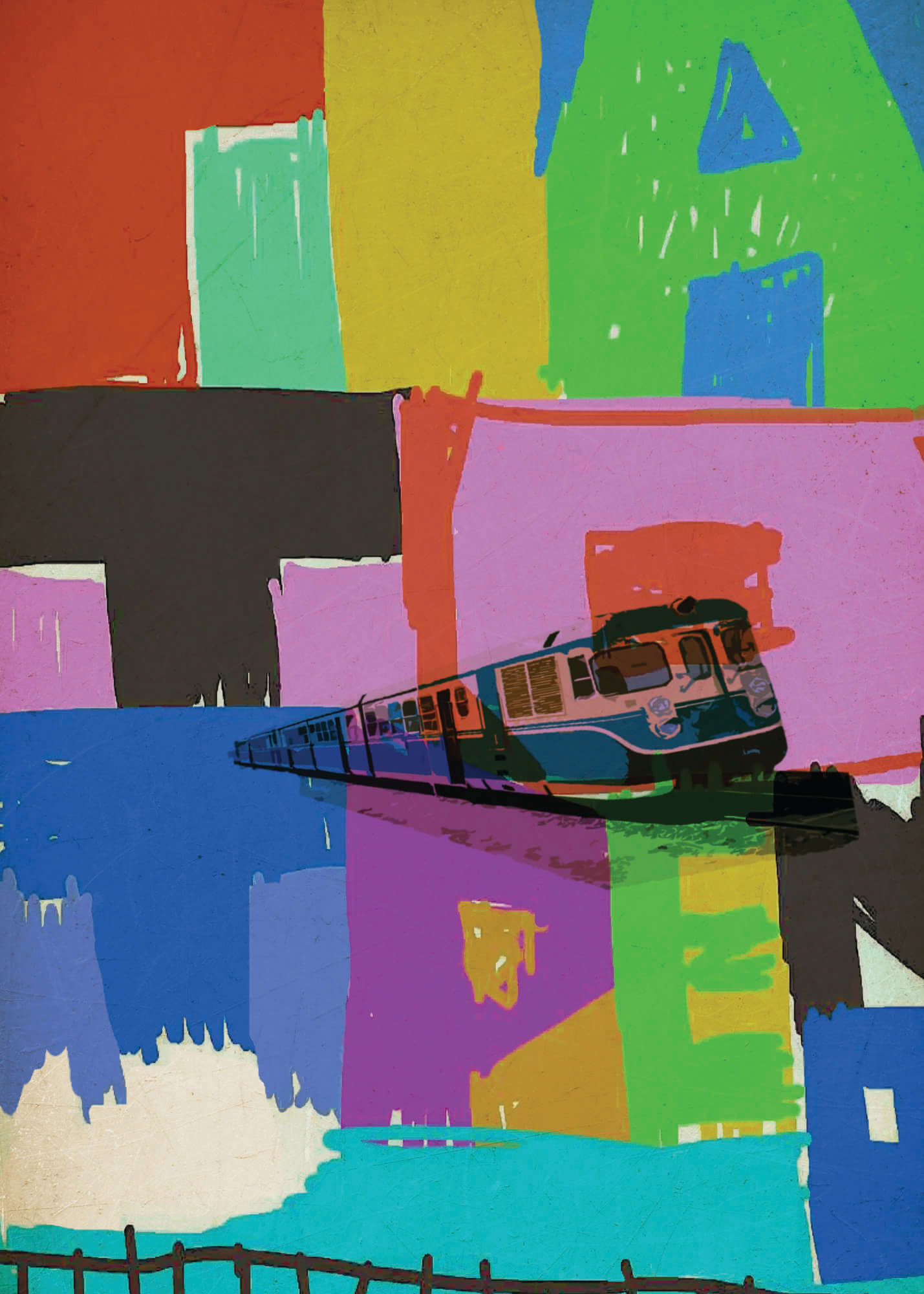 Painting with a train in Pink, blue yellow, blue colours