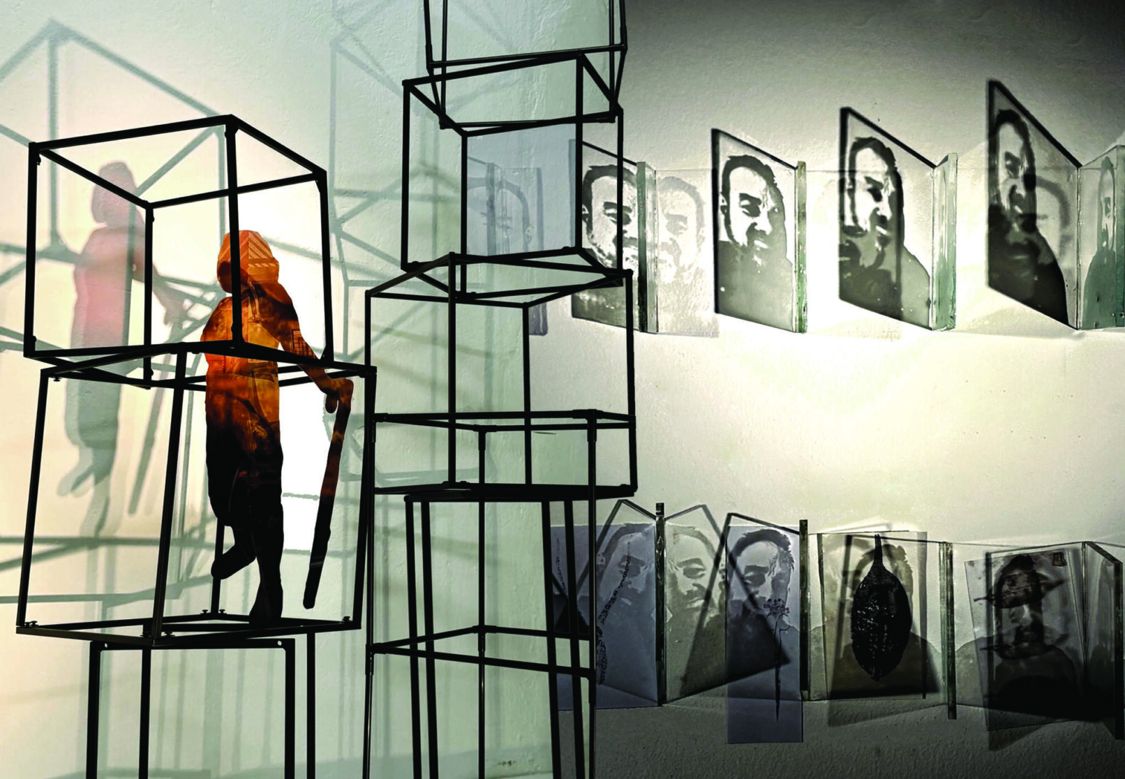 Art installation composed with framed boxes on top of each other