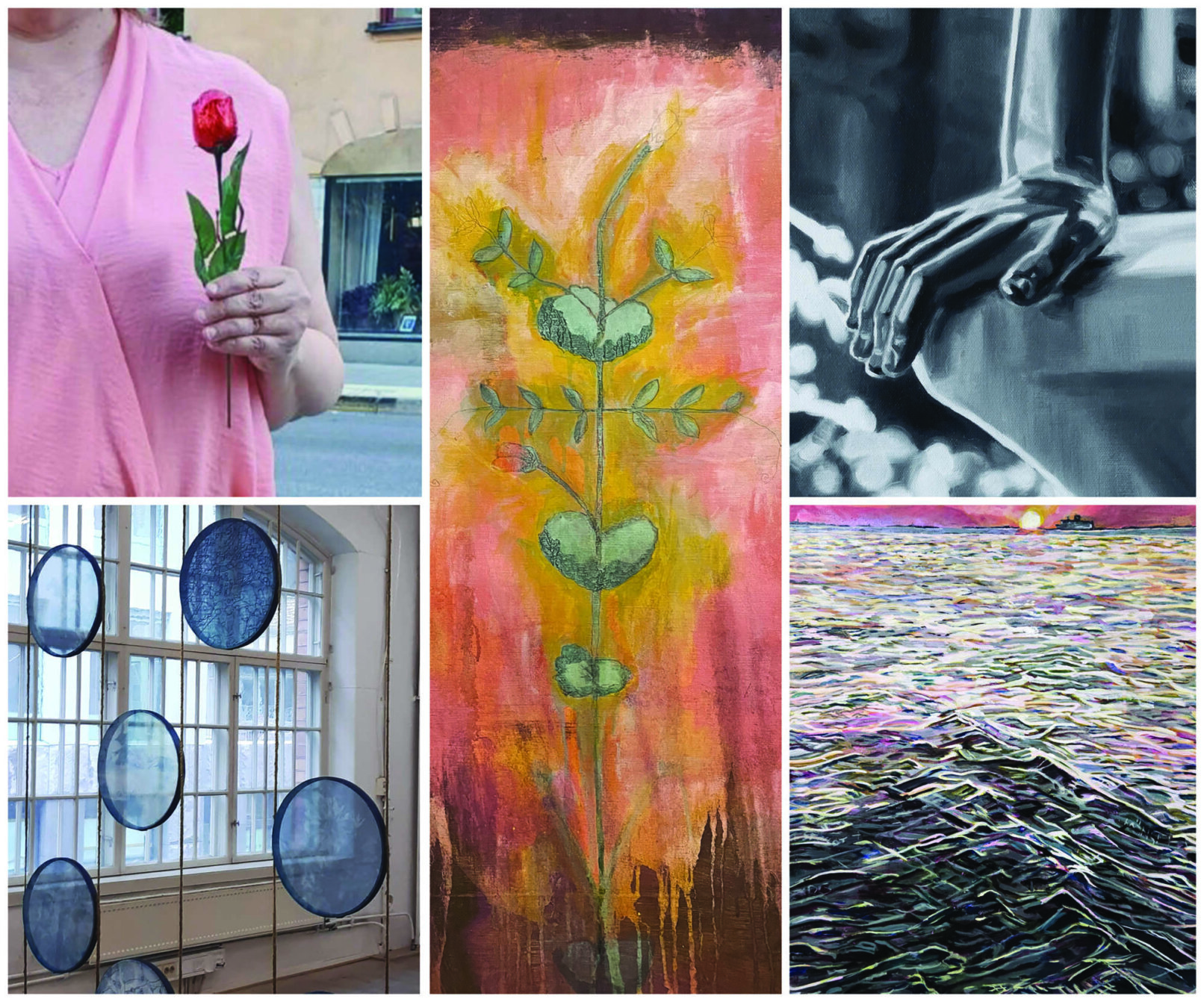 collage of images. Top left a person is holding a red rose wearing pink. Bottom left an art installation with 5 hanging circles, Centre a painting of a flower, top right a hand in black and white. Bottom right a painting of the sea