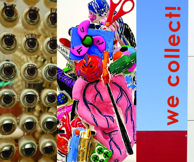 Artworks that show a lot of eyes, flowers and a message "we colelct!"
