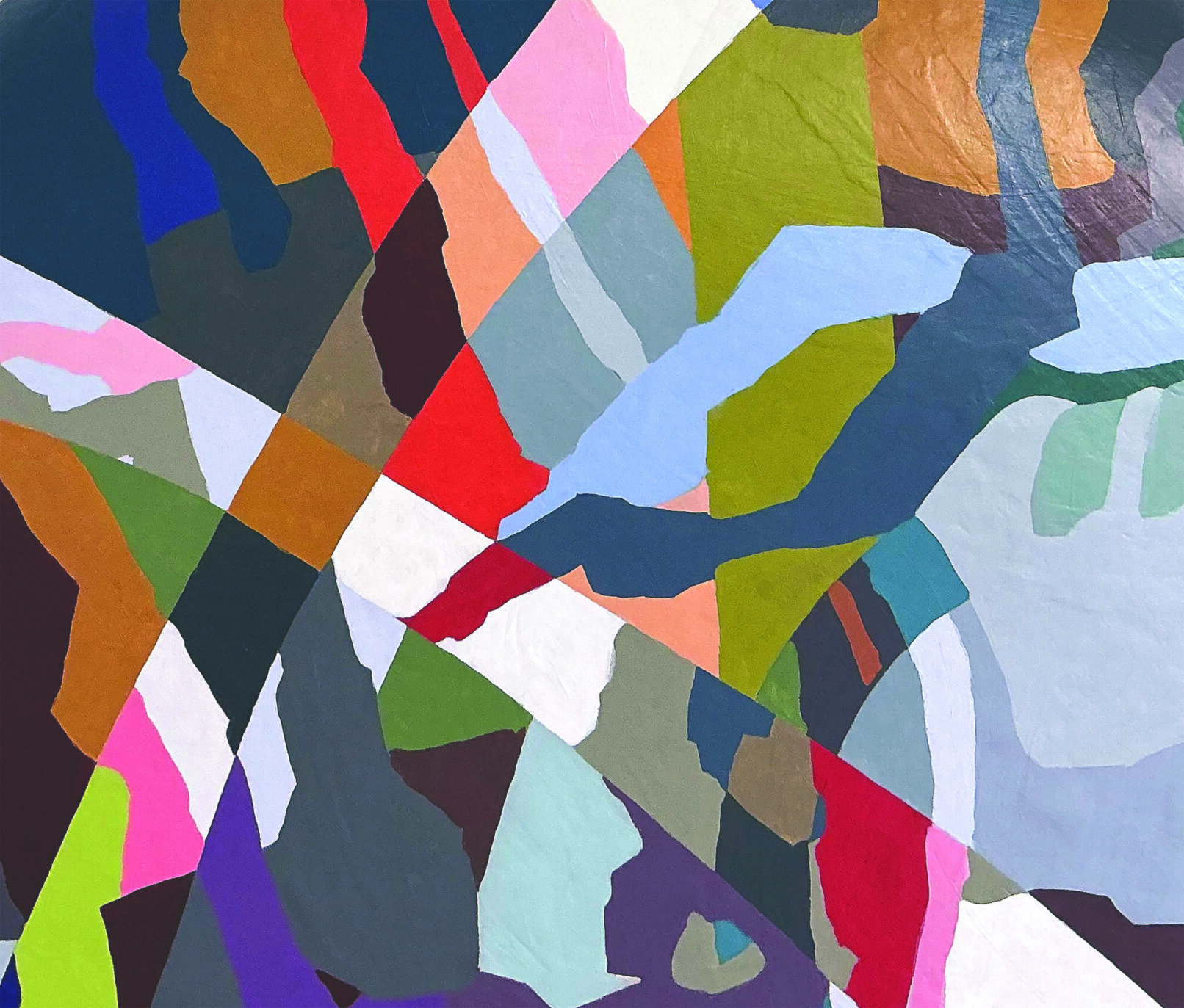 Abstract apinting with red, green brown and blue shapes