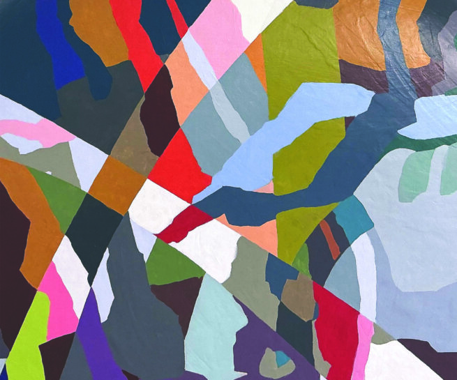 Abstract apinting with red, green brown and blue shapes