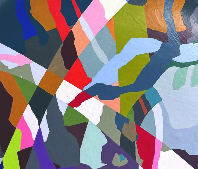 Abstract apinting with red, green brown and blue shapes