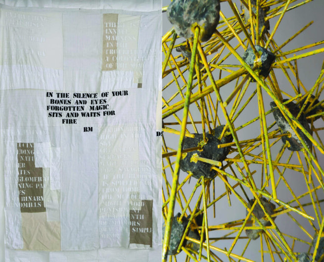 Installation with a yellow structure and a textile with text