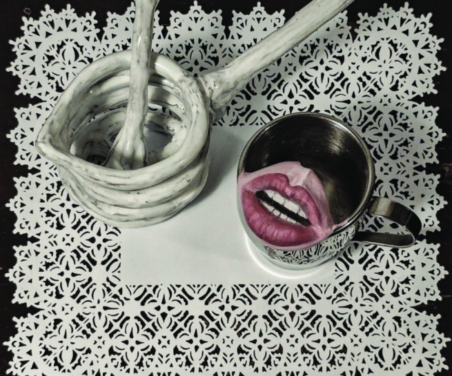 Still life showing a cup with a mouth inside